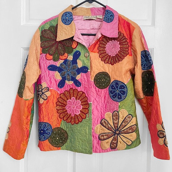 Quilted Jacket 100% Silk Women's Colorful Patchwork Coach Pink Orange Sequins M - Picture 1 of 7